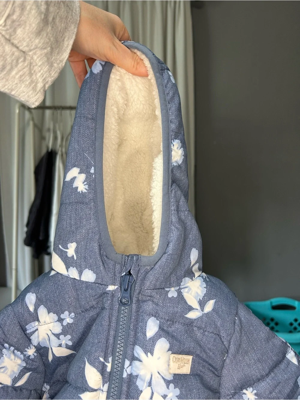 ❄️OSHKOSH Baby Blue Floral Puffer One-Piece Snowsuit - Infant 6/9 Months
